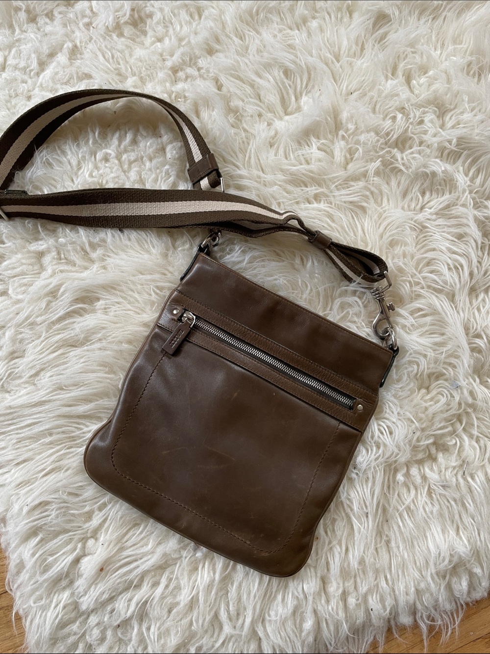 Bally Khacki  Leather Messenger Bag with Striped Strap